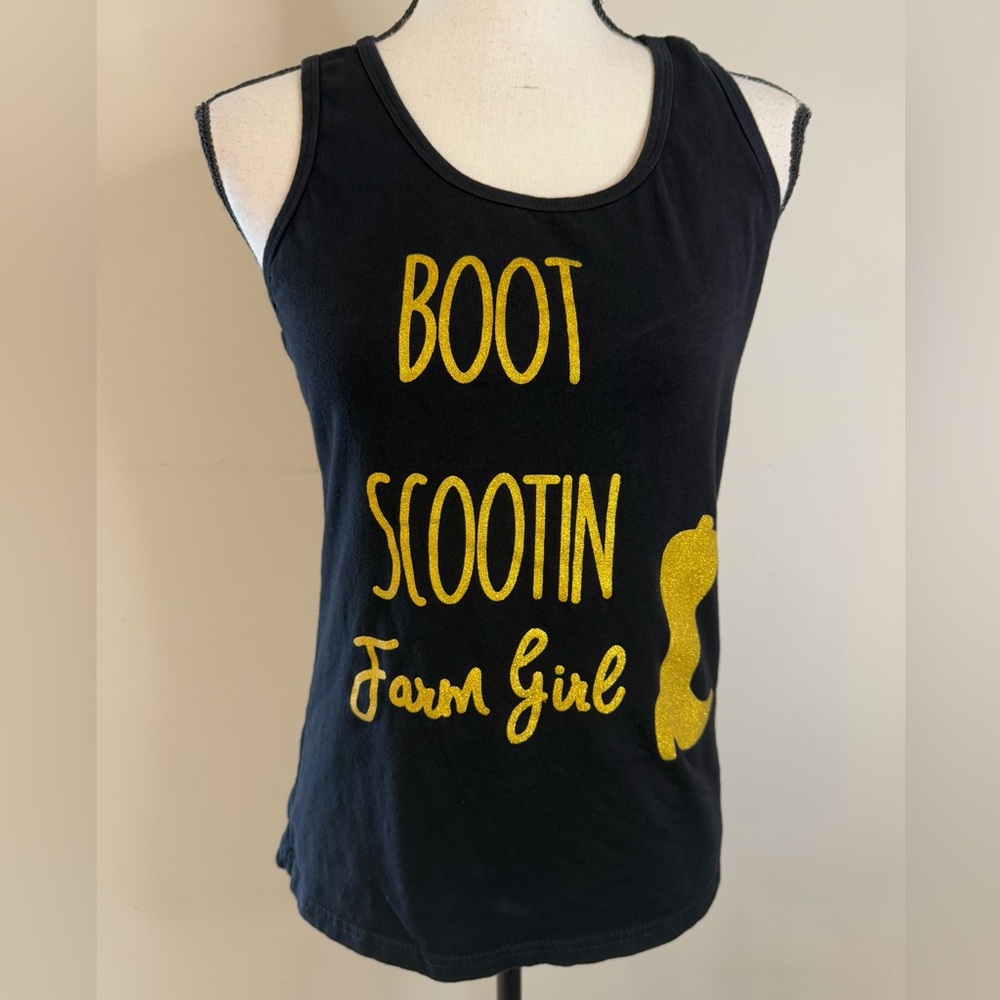 Cowgirl Rodeo black graphic tank top gold glittery boots SZ Small